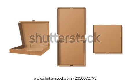 3d realistic vector icon illustration set. Brown open closed and top view pizza box.