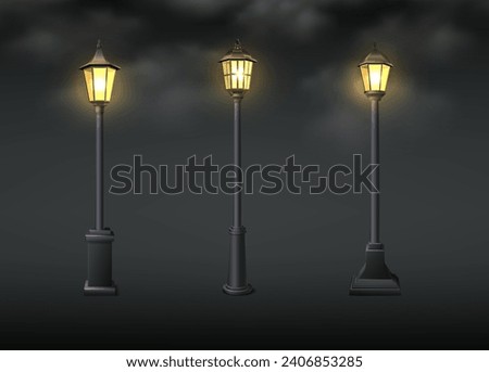 3d realistic vector icon illustration. Old street lights with smoke dark effect.