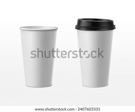 3d realistic vector icon illustration. Paper coffee cup with black lid and without.