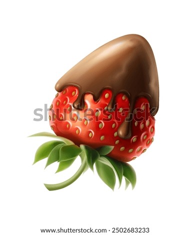 3d realistic vector icon illustration. Whole strawberry covered with dripping chocolate.