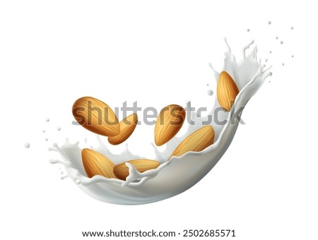 3d realistic vector icon illustration. Almond nut with milky splash. Almond milk, dairy product.