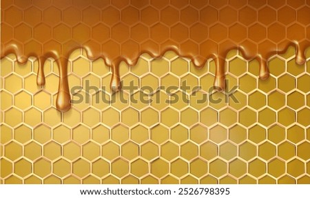 3d realistic vector icon illustration. Melting honey dripping on honeycomb background.