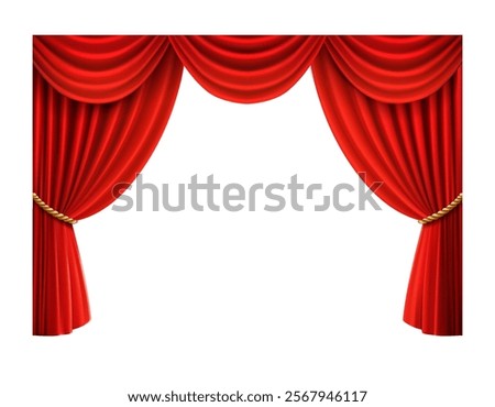 3d realistic vector icon illustration. Movie cinema or opera hall. Red velvet curtain prapery. with golden elements and tessels. Isolated.