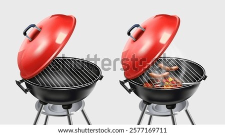 3d realistic vector icon illustration. Cooking appliance, meat and sausage barbecue grill with hot fire coals and smoke side view with red cover. 