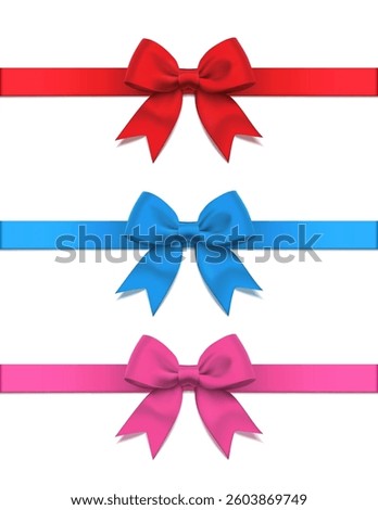 3D realistic vector icon illustration. A collection of red, pink, and blue bow ribbon bows for present packaging and design elements.