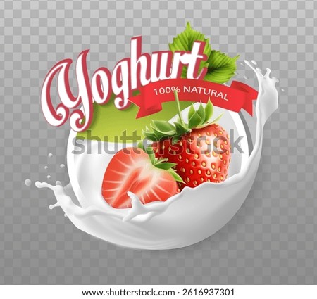 3d realistic vector icon illustration. Creamy yogurt or milk splash with strawberries. Berry milk splash.
