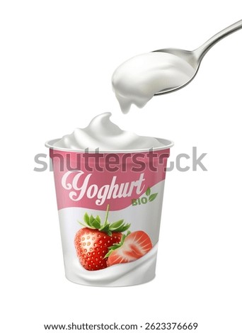 3d realistic vector icon illustration. Strawberry yoghurt jar with spoon full of yogurt. Isolated on white.