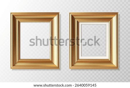 3d realistic vector icon illustration. Set of golden picture frames with paper frame and without.