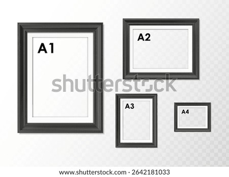 3d realistic vector icon illustration. Set of black picture frames in rectangular shape in different sizes A2, A3, A1, A4. Isolated on transparent background.