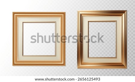 3d realistic vector icon illustration. Golden picture painting frame in square and rectangle. Isolated on transparent background.