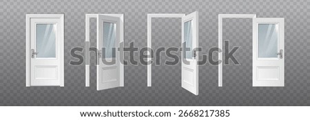3d realistic vector icon illustration. White wooden front door open and stages of closed door. Isolated.