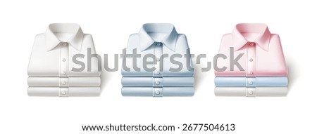 3d realistic vector icon illustration. Pile of stacked white, pink and blue ironed shirts front view. Isolated on white background.