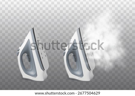 3d realistic vector icon illustration. Iron with steam flow isolated in transparent background.