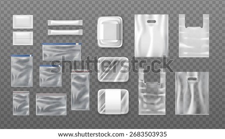 3d realistic vector icon illustration. Plastic packaging collection set of plastic bags, food containers, zip bags. Mockups for advertisement. Isolated on transparent background.