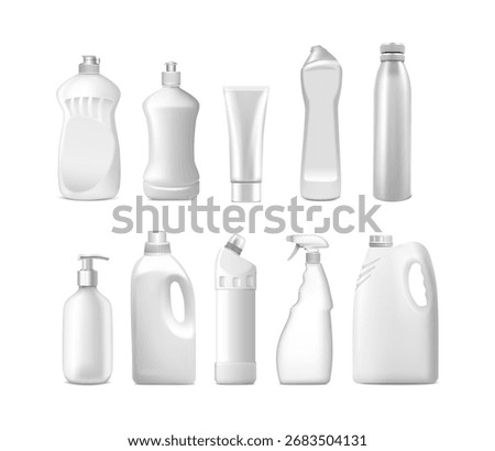 3d realistic vector icon illustration. White plastic bottles packaging. Household chemicals mockups. Detergent, liquid soap, sprays and cream tube. Isolated on white background.