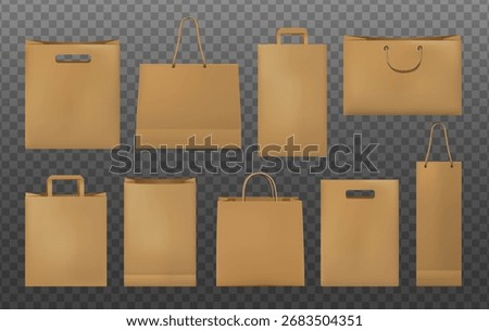 3d realistic vector icon illustration. Paper bags mockup collection. Blank shopping and product packaging, gift and craft paper. Isolated on transparent background.