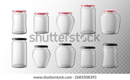 3d realistic vector icon illustration. Glass jars with lids in different shape and forms. Package product mockups for preserving and storage. Isolated on transparent background.