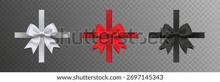 3d realistic vector icon illustration. Set of red, white and black bow for gifts and present packaging.