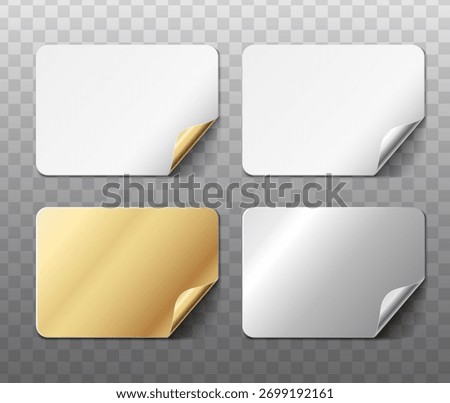 3d realistic vector icon illustration. Curled paper stockers in white color with gold and silver. Isolated on background.