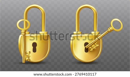 3d realistic vector icon illustration. Golden lock with key isolaed.