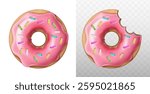 3d realistic vector icon illustrations. Freshly baked, colorfully glazed doughnut in pink chocolate and sprinkles, whole doughnut and half bitten. Isolated on background.