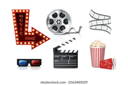 3d realistic vector icon illustrations. Cinema and movie icon set, lights arrow, popcorn and tickets, 3d glasses, movie tape.