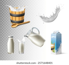 3d realistic vector icon illustrations. Dairy farm and milk factor icons set. Milk bucket, milk pack, bottle and jug.