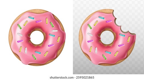 3d realistic vector icon illustrations. Freshly baked, colorfully glazed doughnut in pink chocolate and sprinkles, whole doughnut and half bitten. Isolated on background.