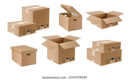 3d realistic vector icon illustrations. Cardboard delivery boxes opened and closed. Isolated on white.