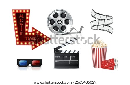 3d realistic vector icon illustrations. Cinema and movie icon set, lights arrow, popcorn and tickets, 3d glasses, movie tape.