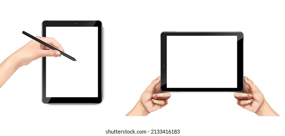 3d realistic vector icon.  Isolated on white background. UI UX template. Tablet with hand holding pen and holding tablet.