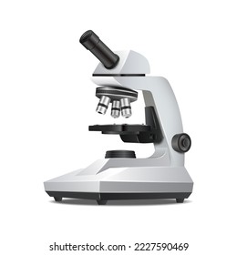 3d realistic vector icon. Laboratory equipment microscope. Sience and biology lab, chemistry, pharmaceutical concept. Side view