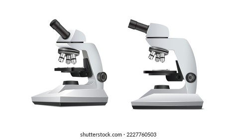 Icono vectorial 3d realista. Microscopio de equipo de laboratorio. Laboratorio de ciencia y biología, química, concepto farmacéutico. Vista lateral y frontal.