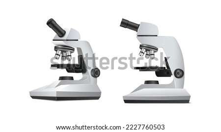3d realistic vector icon. Laboratory equipment microscope. Sience and biology lab, chemistry, pharmaceutical concept. Side and front view.