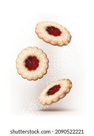 3d realistic vector icon. Linzer cookies falling with icing sugar. Baking cookies.