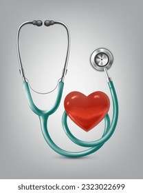 3d realistic vector icon. Medical device. Stethoscope with red heart.