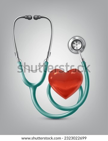 3d realistic vector icon. Medical device. Stethoscope with red heart.