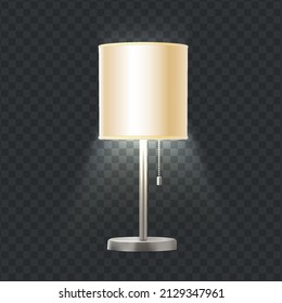 3d realistic vector icon. Modern table lamp with metal decorative leg. Glowing light in the dark.