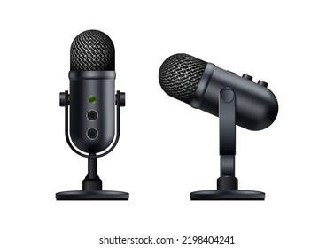 3d realistic vector icon. Modern sound black microphone in side and front view. Isolated.