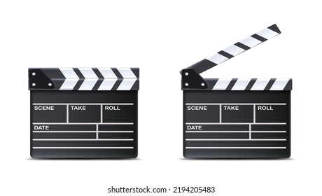 3d realistic vector icon. Movie clapper board open and closed.