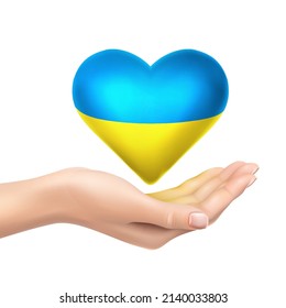 3d realistic vector icon. No war concept. Ukrainian flag in shape of heart. Heart holding hand. Isolated on white background.