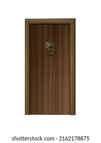 3d realistic vector icon. Old antique wooden door with golden handle.