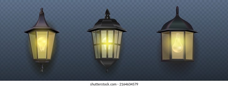 3d realistic vector icon. Outdoor wall garden light lamps collection in different styles. Street light. Old style metal electricity lamp.