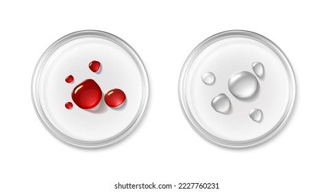 3d realistic vector icon. Petri dish with drop of blood and cosmetic product. Laboratory and sience equipment. Test and research lab.