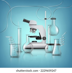 3d realistic vector icon.  Pharmaceutical and medical background. Laboratory glassware with test tubes, beakers and pipeline and microscope.