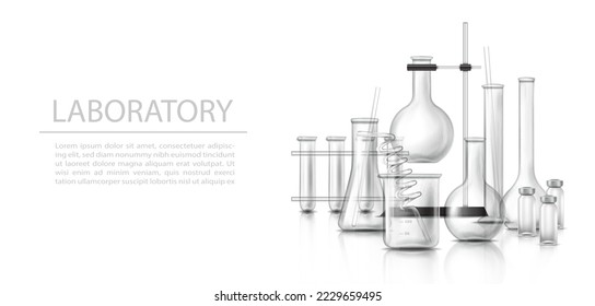 3d realistic vector icon.  Pharmaceutical and medical background. Laboratory glassware with test tubes, beakers and pipeline and testers. Isolated on white.