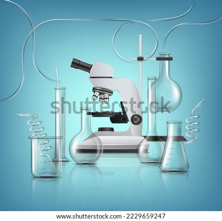 3d realistic vector icon.  Pharmaceutical and medical background. Laboratory glassware with test tubes, beakers and pipeline and microscope.