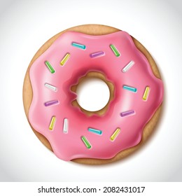 3d realistic vector icon. Pink sprinkled glazed doughnut. Isolated on white.
