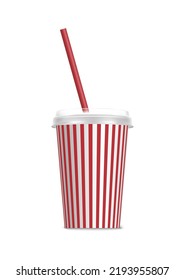 3d realistic vector icon. Plastic destosable cup with straw in red and white strapes. Isolated on white background.