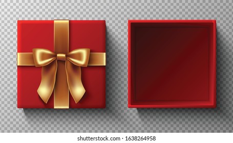 3d realistic vector icon of present square red box with a golden ribbon bow in top view. Open package mockup, design template with cover top. 